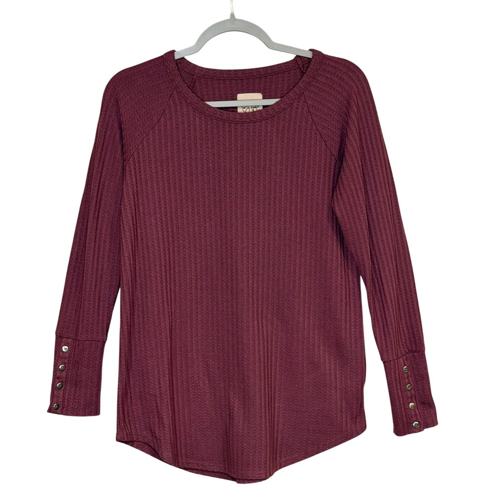 Chaser Womens Thermal Knit Top Burgundy Medium Waffle Button‎ Cuff Raglan